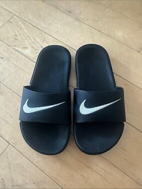 Boys , size 13C, Nike Black Slides with White Swoosh Logo